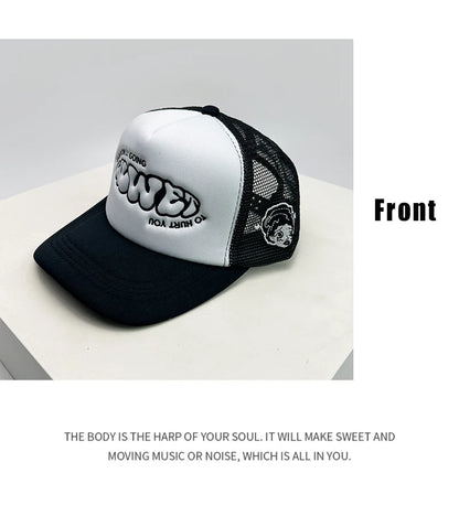 Novos bonés de basebol unissexo com blocos de cor, estampado com letras e bordado, estilo hip-hop, em malha respirável, com pala para proteção solar, bonés trucker urbanos e versáteis