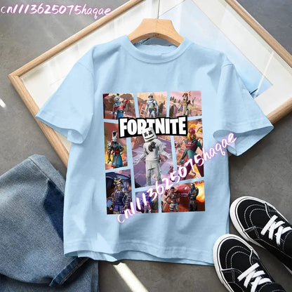 T-shirt blu in cotone per bambini Fortnites, maglietta a maniche corte Fortress Night per bebè, capo estivo cartoon per bambini e bambine, top kawaii, idea regalo
