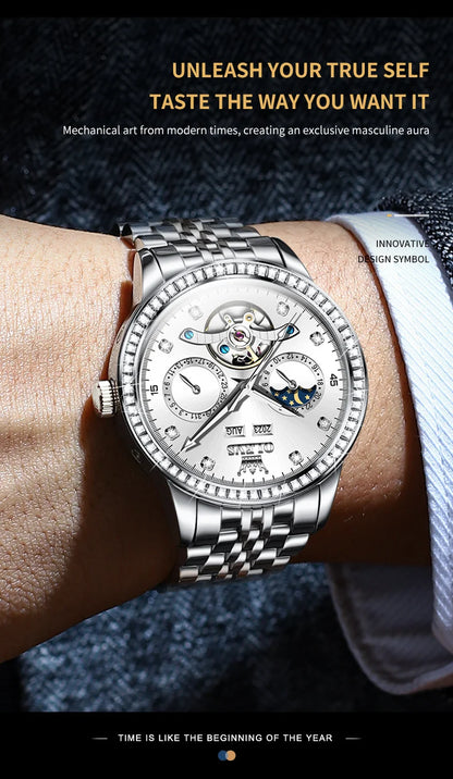 OLEVS 7016 Luxury Automatic Watch Men Skeleton Tourbillon Moon Phase Calendar Waterproof Stainless Steel Mechanical Wristwatch