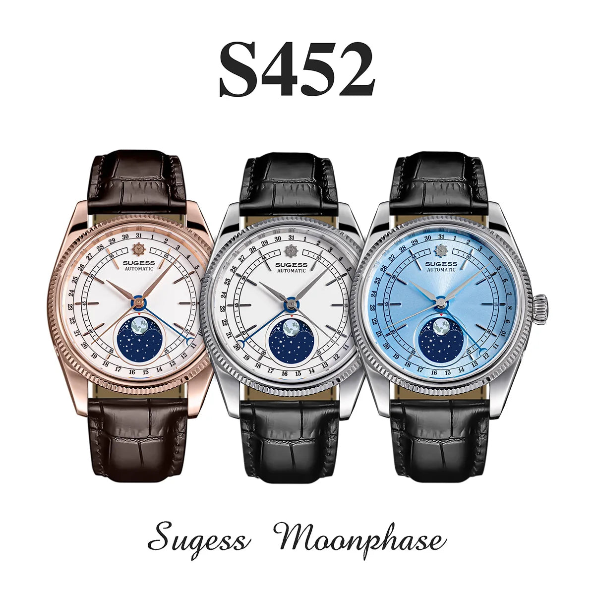 Sugess 40mm Men's Moonphase Automatic ST2108 Movement Sapphire Crystal Mechanical Wristwatch Waterproof Date 2024 New