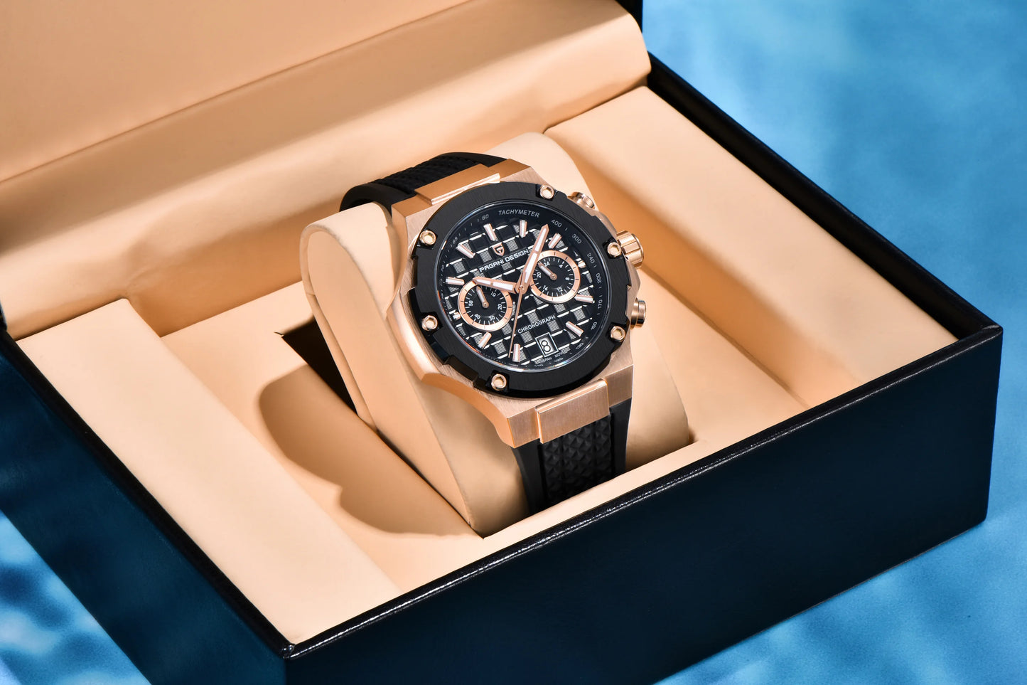 PAGANI DESIGN Men's Watches Luxury Rose Gold Sport Chronograph Japan VK64 Quartz Watch For Men Fluororubber Strap Wristwatch Men