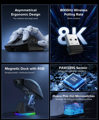 Delux M900Pro Ergonomic Wireless Gaming Mouse 8K PAW3395 Magnetic RGB Charging Dock Rechargeable Wired Mice for Big Hand PC