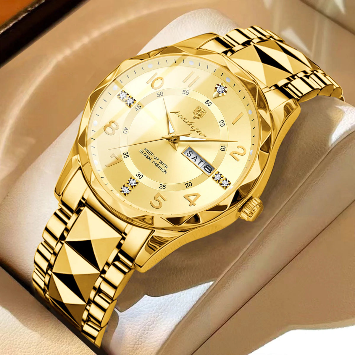 POEDAGAR Fashion Luxury herenhorloge, waterdicht, verlicht, quartz, roestvrijstalen band, datum en dag van de week, casual stijl.