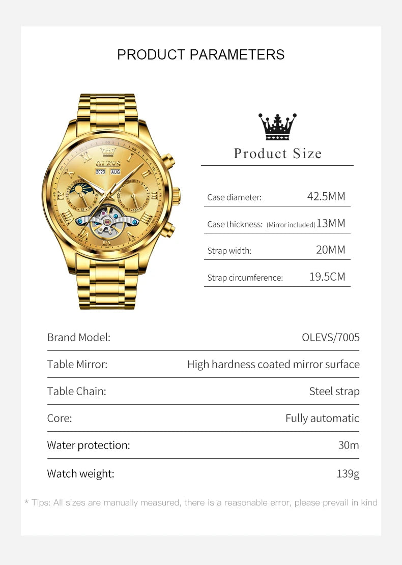 OLEVS 7005 Classic Business Mechanical Wristwatch for Man Skeleton Flywheel 24 Hour Moon Phase  Calendar Luxury Men's Watch