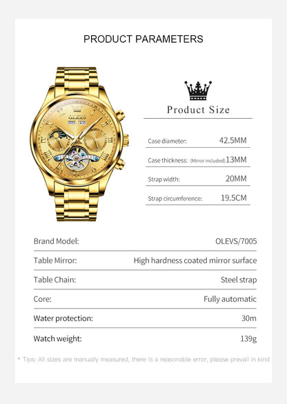 OLEVS 7005 Classic Business Mechanical Wristwatch for Man Skeleton Flywheel 24 Hour Moon Phase  Calendar Luxury Men's Watch