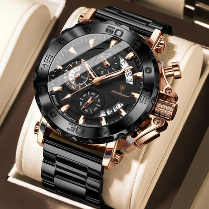 Reloj de lujo para hombre POEDAGAR, luminiscente, hermético, cronógrafo, con fecha, acero inoxidable, cuarzo, Reloj