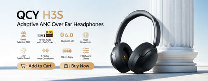 Auscultadores Over-Ear QCY H3S ANC Bluetooth 6.0 – Áudio Espacial Hi-Res LDAC, Cancelamento de Ruído Adaptativo -56dB, Auscultadores Sem Fios