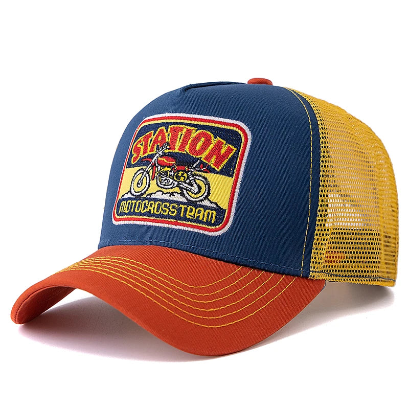 Cappellino da baseball unisex in rete, modello Trucker classico con motivo motociclistico, traspirante, estivo, in stile streetwear per uomo e donna