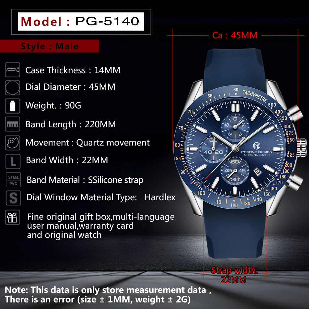 PAGANI DESIGN 45MM 2026 Relógio masculino de quartzo 30M impermeável, luxo business em aço inoxidável Relogio Masculino 5140