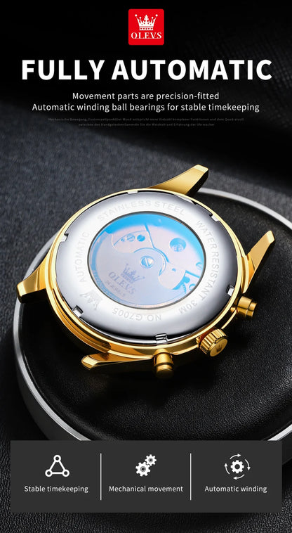 OLEVS 7005 Classic Business Mechanical Wristwatch for Man Skeleton Flywheel 24 Hour Moon Phase  Calendar Luxury Men's Watch