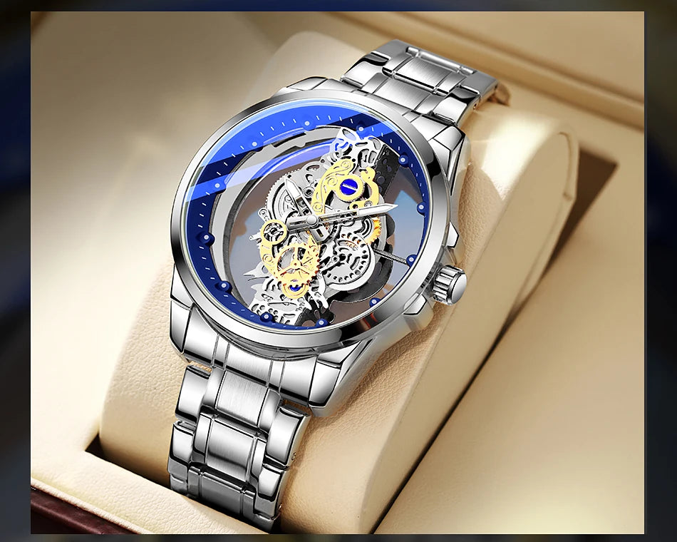 TPW Men’s Luxury Black & Gold Skeleton Quartz Watch Fashion Wristwatch