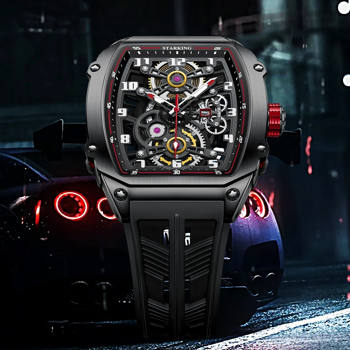 STARKING Luxury Men’s Automatic Mechanical Watch Skeleton Dial Silicone Band Tonneau Design Waterproof Luminous Sport Wristwatch