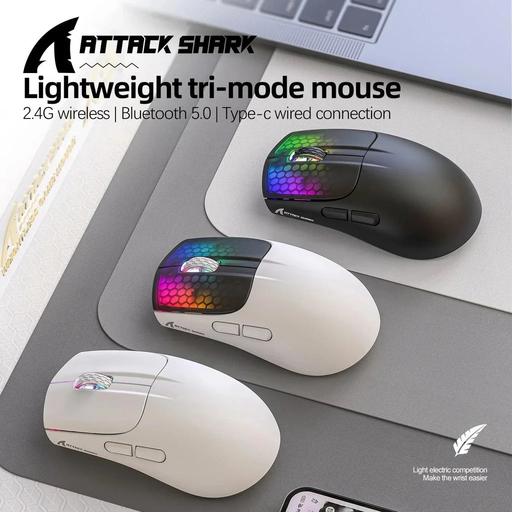Mouse gaming wireless ATTACK SHARK X5 leggero con connessione tri-mode 2.4GHz/cablata/Bluetooth, RGB e macro