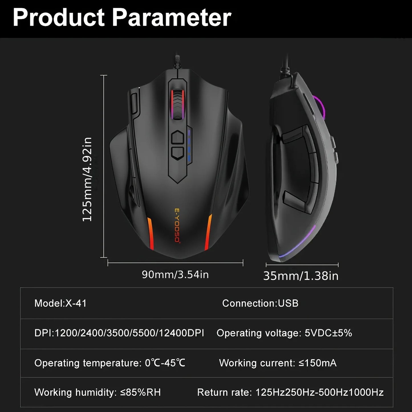 Ratón con cable E-YOOSO X-41PRO, ratón gaming grande con retroiluminación RGB, 11 botones laterales programables, compatible con ordenador, PC, portátil y Mac