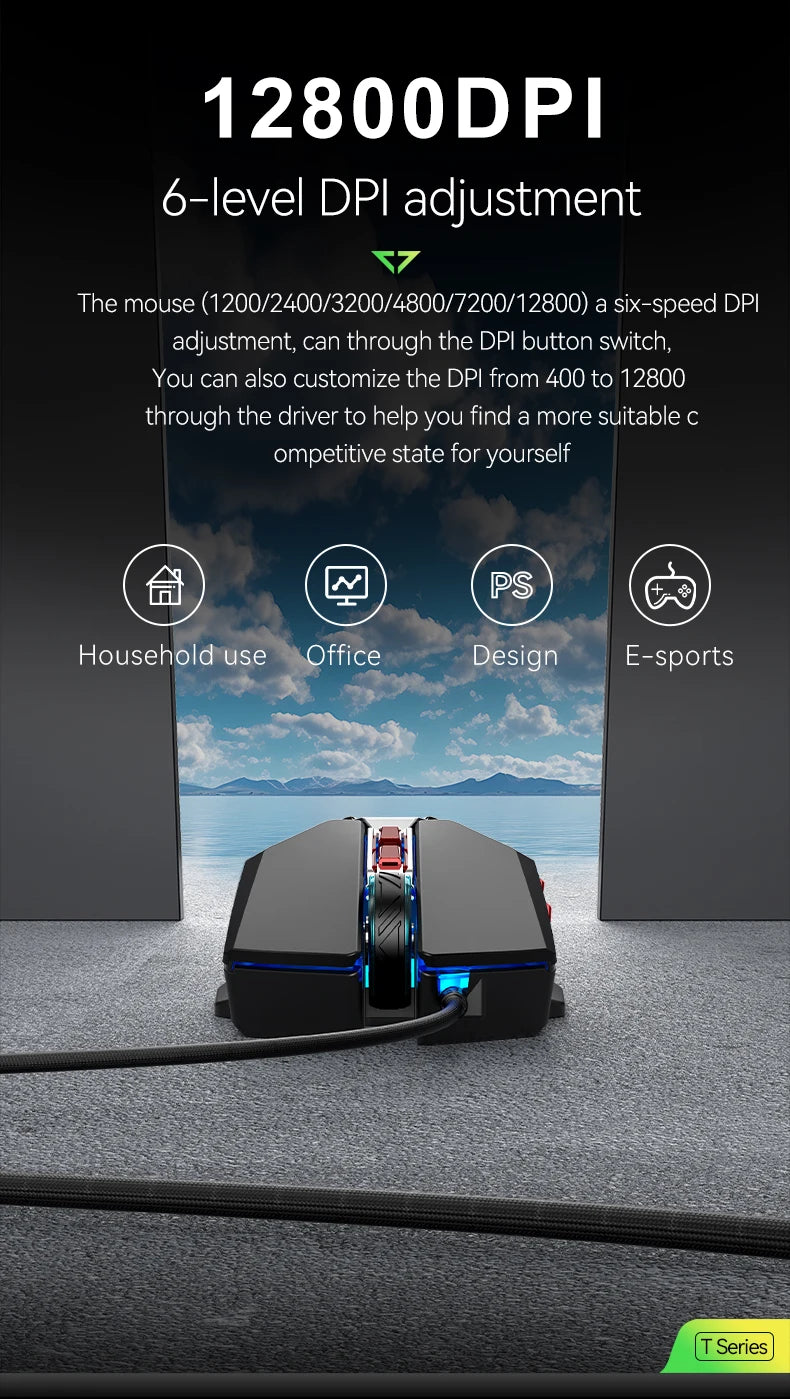 1K Hz Gaming Mouse Wired APAYADO T4 RGB Mouse with Ultra-light Cord 60IPS, 12800DPI for Laptop/Computer