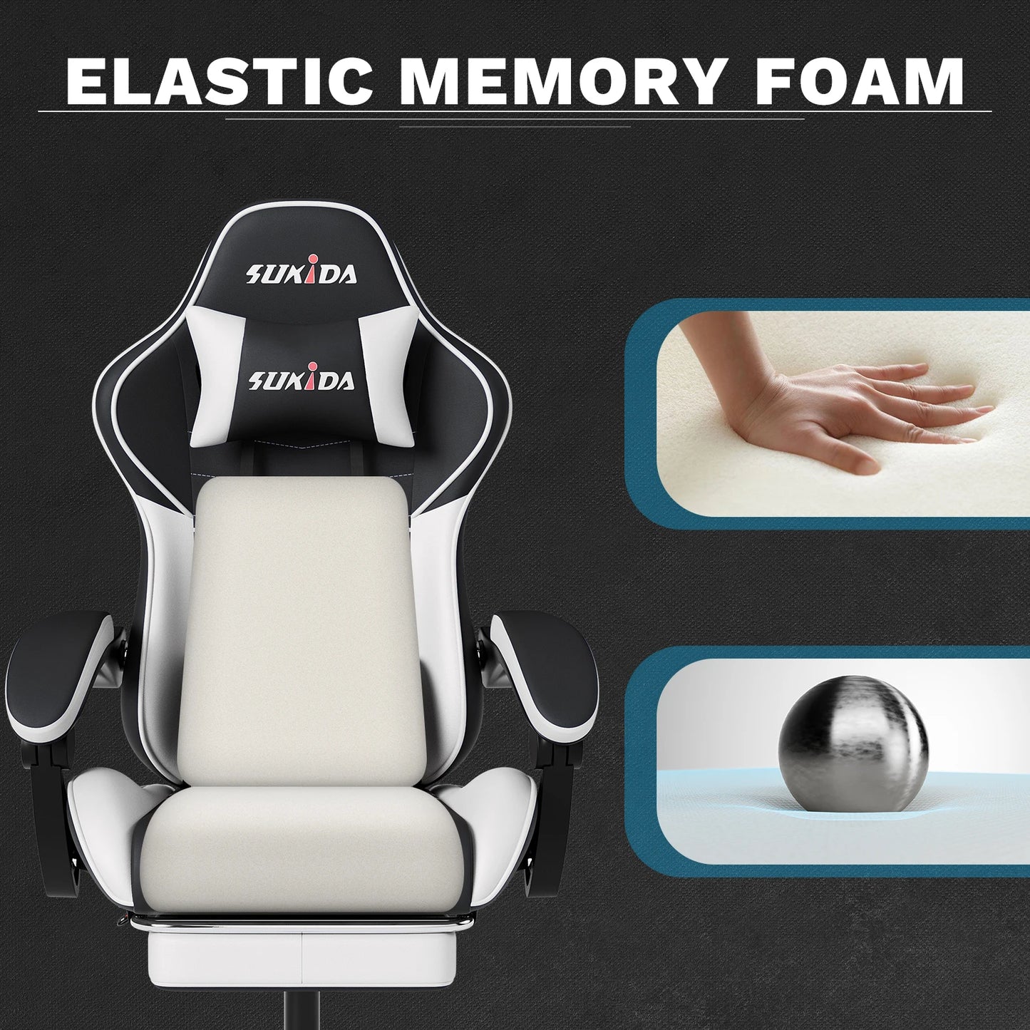 SUKIDA Ergonomic Gaming Chair with Footrest, Lumbar Support Computer Chair, Comfortable Office Chair with Adjustable Reclining Backrest