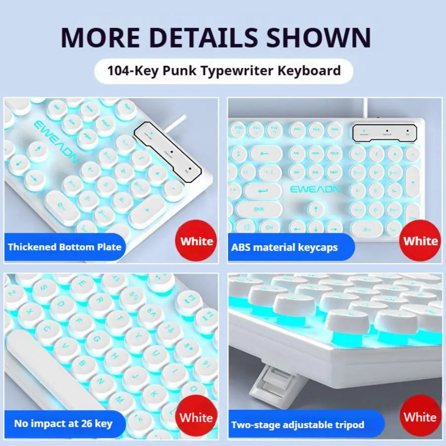 EWEADN GX330 Typewriter Gaming Keyboard, 104 Keys Wired Round Keycaps with Blue Backlit USB Wired Computer External Keyboards