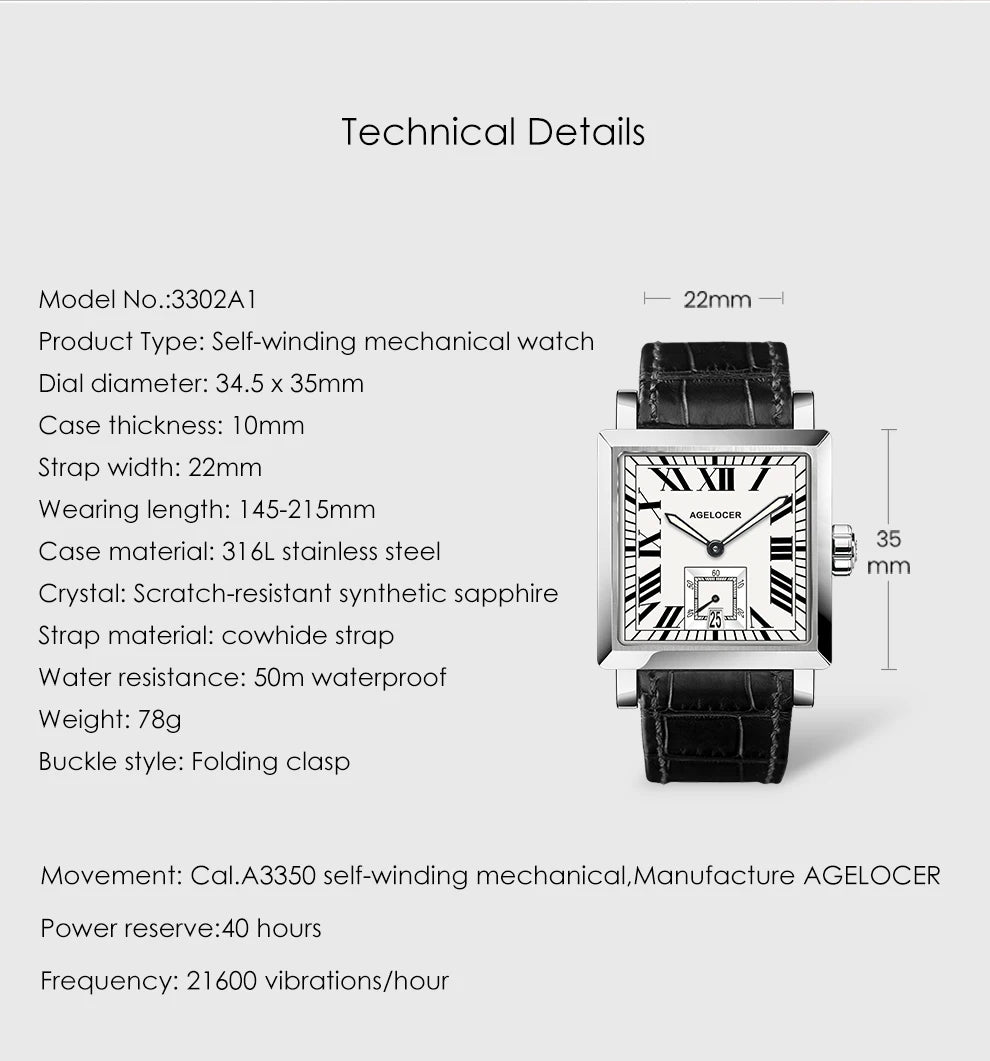 AGELOCER Original Codex Watch Men's Square Business Formal Automatic Mechanical Watch Birthday Gift for Men