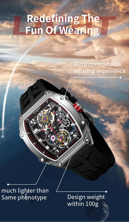STARKING Luxury Men’s Automatic Mechanical Watch Skeleton Dial Silicone Band Tonneau Design Waterproof Luminous Sport Wristwatch