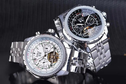 JARAGAR 034 luxus retro automata mechanikus karóra, tourbillon, üreges szkeleton, rozsdamentes acél, heti naptár, férfi karóra