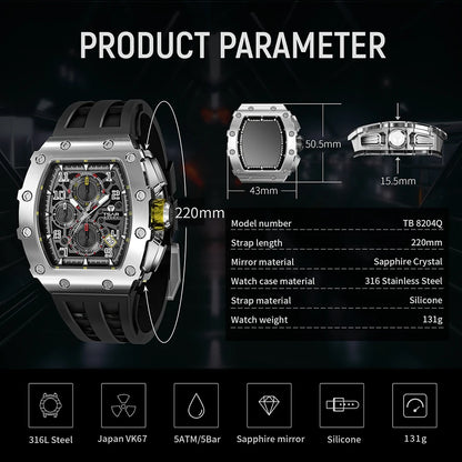 TSAR BOMBA Watch for Men Luxury Brand Tonneau Design Waterproof Clock Stainless Steel Wristwatch Fashion Rectangle Men's Watch