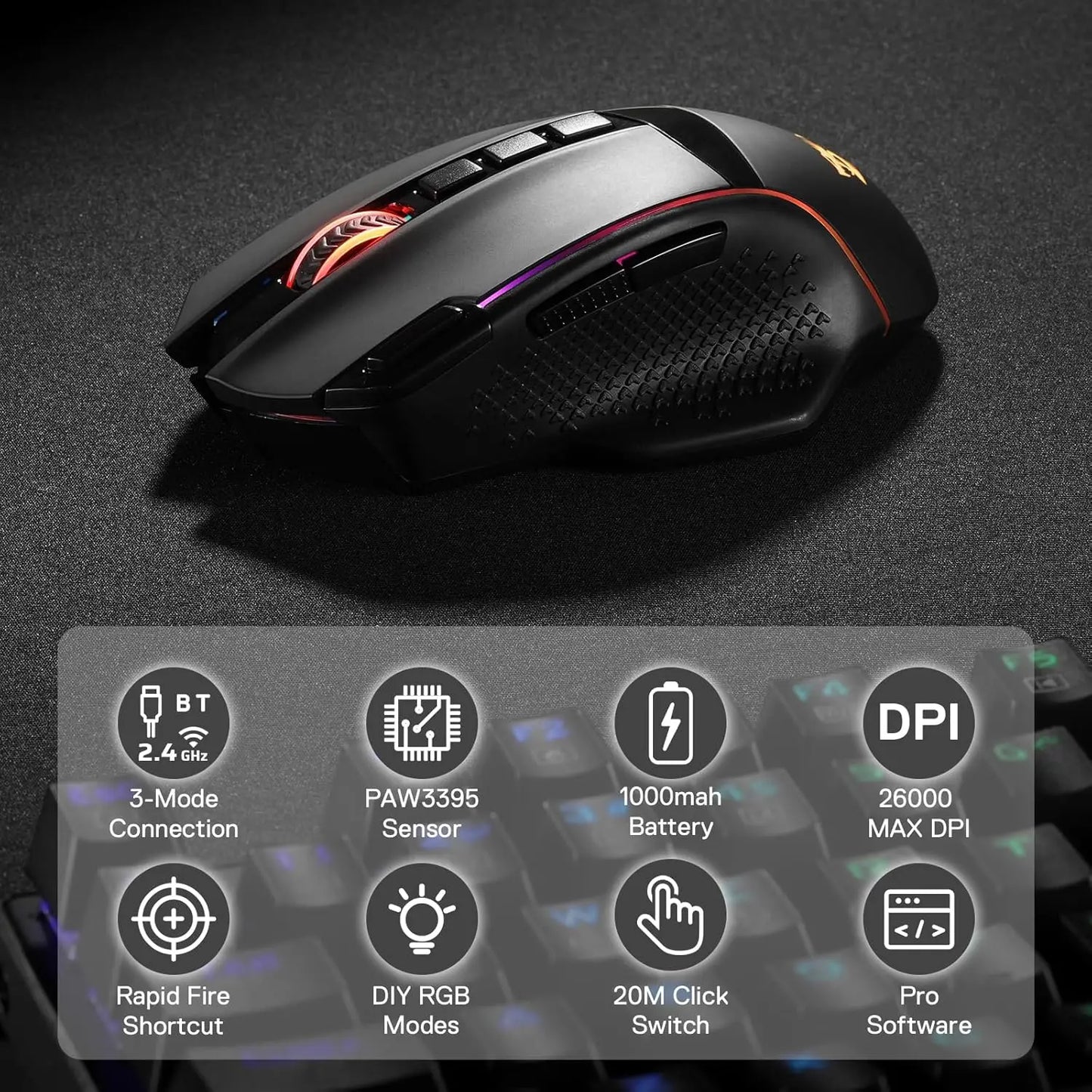 Mouse da gaming wireless Redragon M991 26000 DPI, 3 modalità, 9 pulsanti macro, retroilluminazione RGB, nero