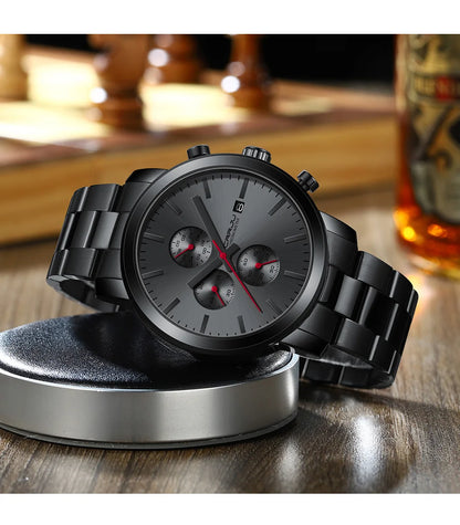 Montre pour homme CRRJU – Chronographe en acier inoxydable, étanche, avec affichage de la date, mouvement à quartz analogique, style élégant et professionnel