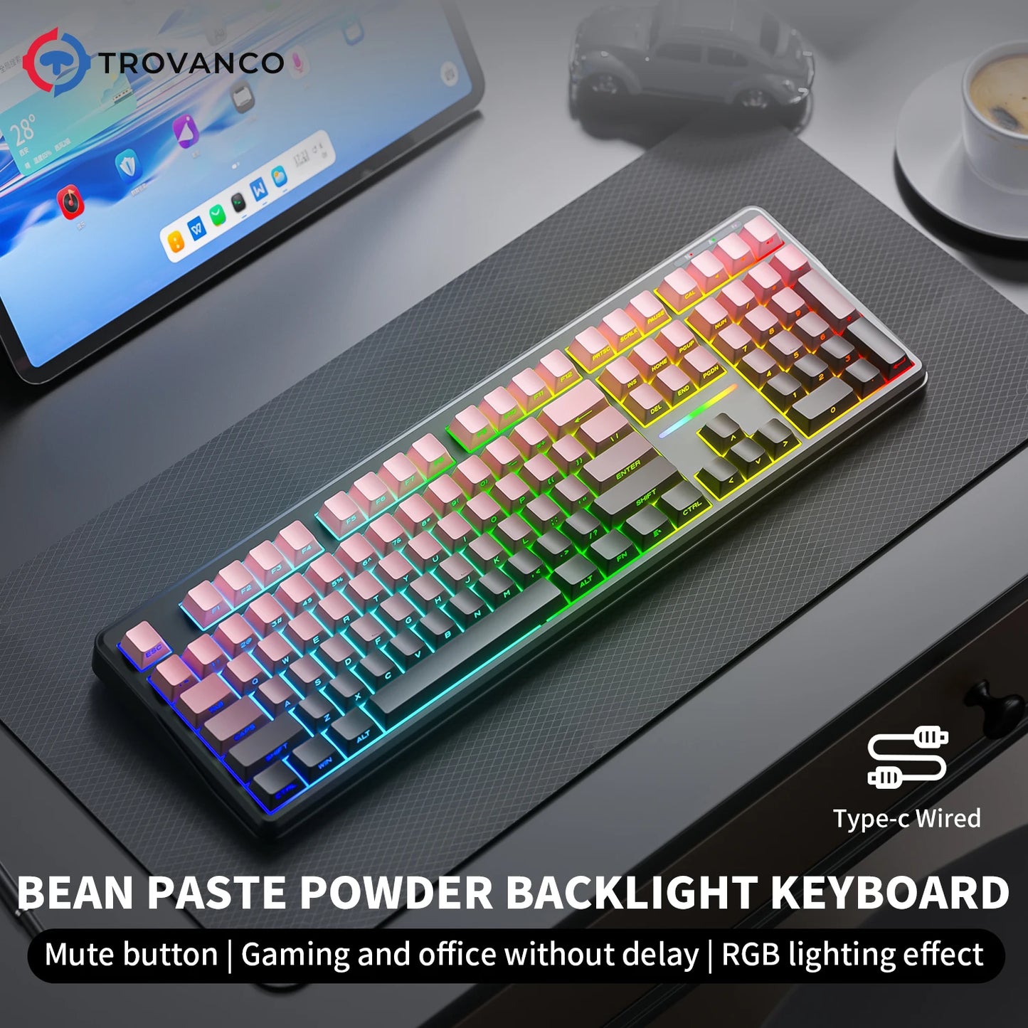 Tastiera Bluetooth V108 Pro Office a bassa rumorosità 2.4G cablata e wireless, layout completo con membrana retroilluminata RGB
