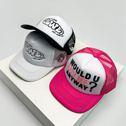 Novos bonés de basebol unissexo com blocos de cor, estampado com letras e bordado, estilo hip-hop, em malha respirável, com pala para proteção solar, bonés trucker urbanos e versáteis