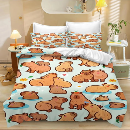 Conjunto de Capa de Edredão e Fronha com 4 Capivaras em Desenho Animado, Roupa de Cama Capivara para Adulto, Rapaz e Rapariga, Decoração de Quarto Infantil, Tamanho Individual e Duplo