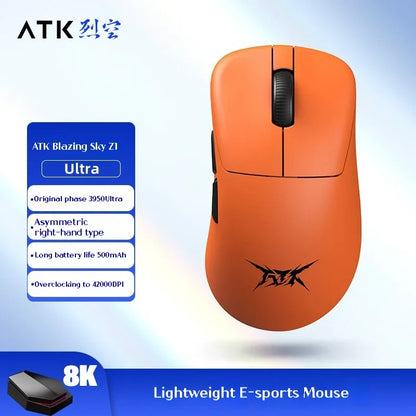 Mouse gaming wireless ATK Z1 Pro Max Ultra con piedini personalizzati, PAW3950, Ultra Smart Speed Wireless, polling rate 8k, latenza ridotta 0.39ms