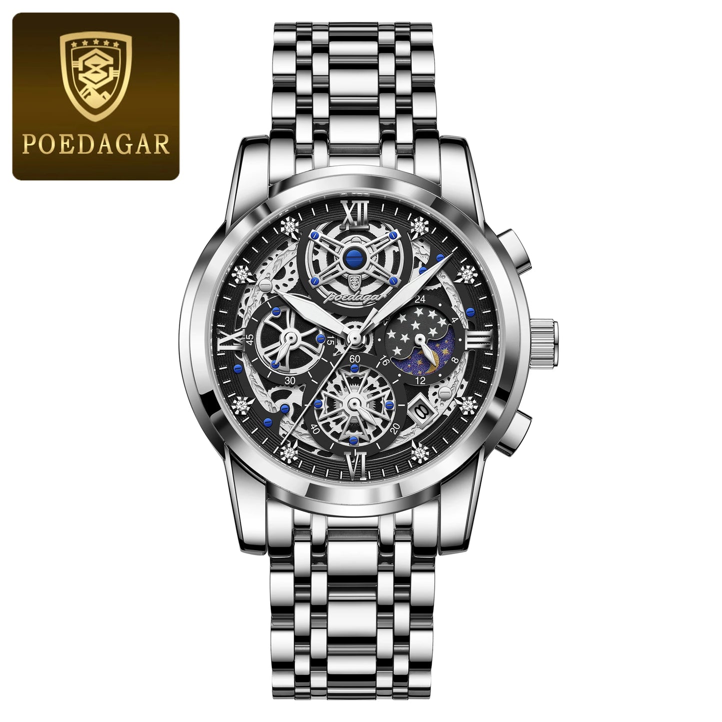 POEDAGAR Top Fashion Men's Watches Stainless Steel Date Chronograph Business Quartz Men Wristwatch Waterproof Luminous Man Watch
