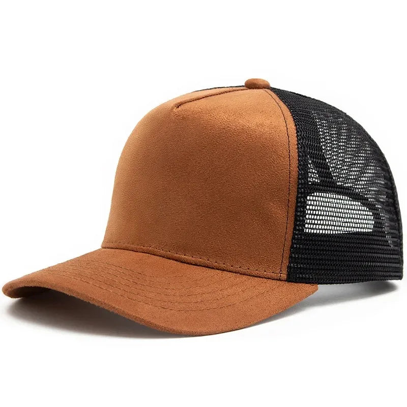 Boné trucker unissexo 2025 de 5 painéis em malha e camurça com logótipo personalizado, boné de basebol para homem, primavera/verão, respirável, desportivo, para mulher