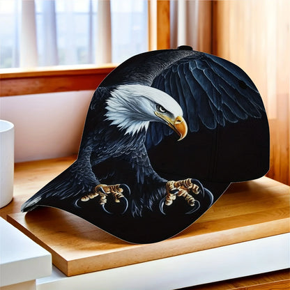One Baseball Cap Featuring a Majestic Eagle in Flight, Equipped with an Adjustable Strap. This Lightweight And Foldable Hat Is P