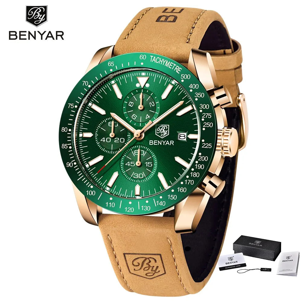 BENYAR Luxusuhren für Herren – Quarz-Armbanduhren mit Lederarmband, wasserdicht bis 30 m, sportlicher Stil.