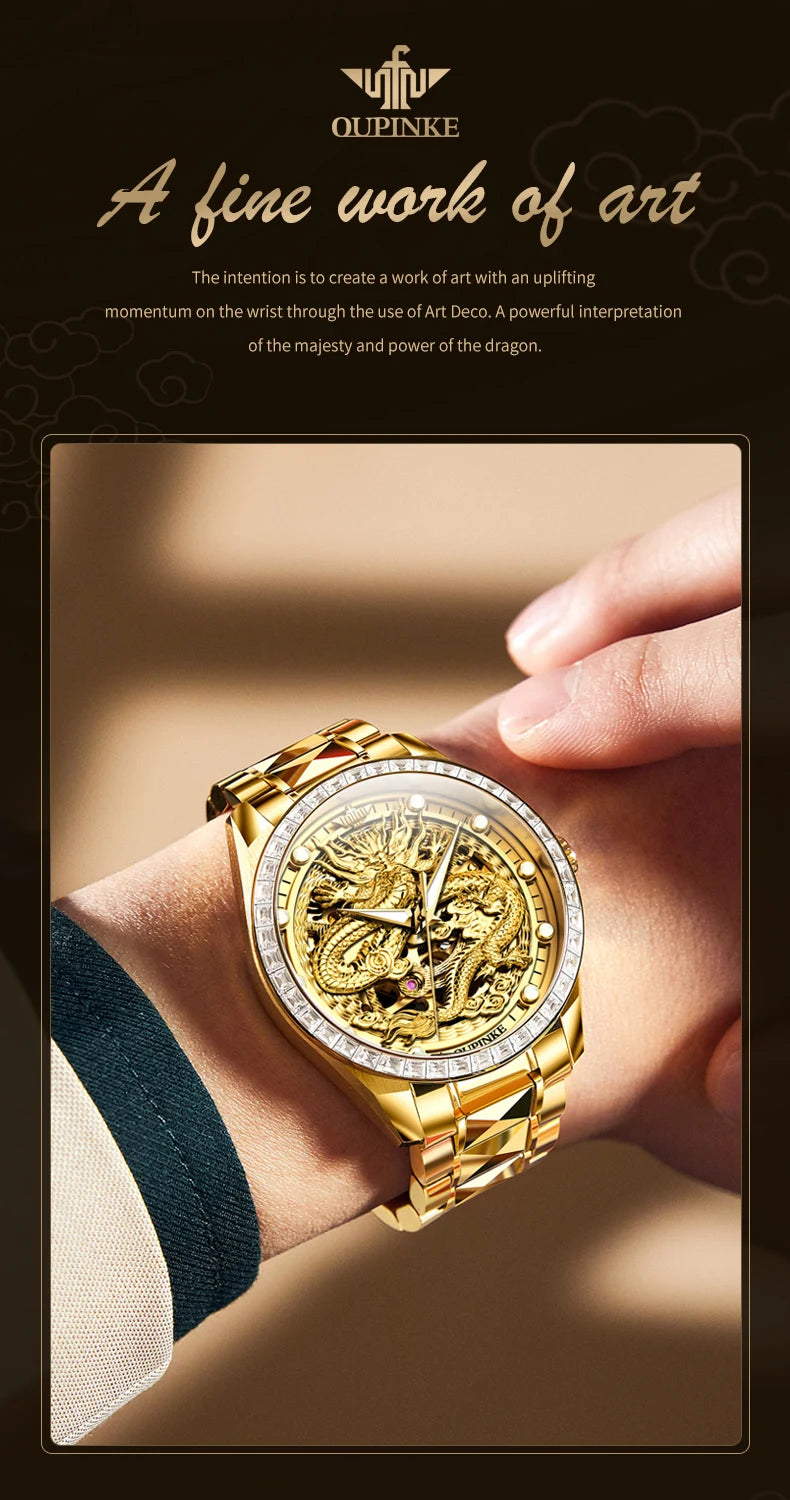 OUPINKE Orologio da uomo Top Brand di lusso in oro e acciaio al tungsteno, orologio da polso meccanico automatico originale con quadrante con motivo drago
