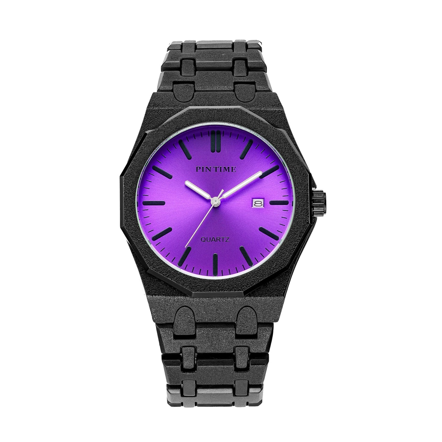 Octagon Wristwatch Glitter Textured Case Purple Dial Date Display Quartz Watch Unisex Stylish Trendy Casual Fashion Watch