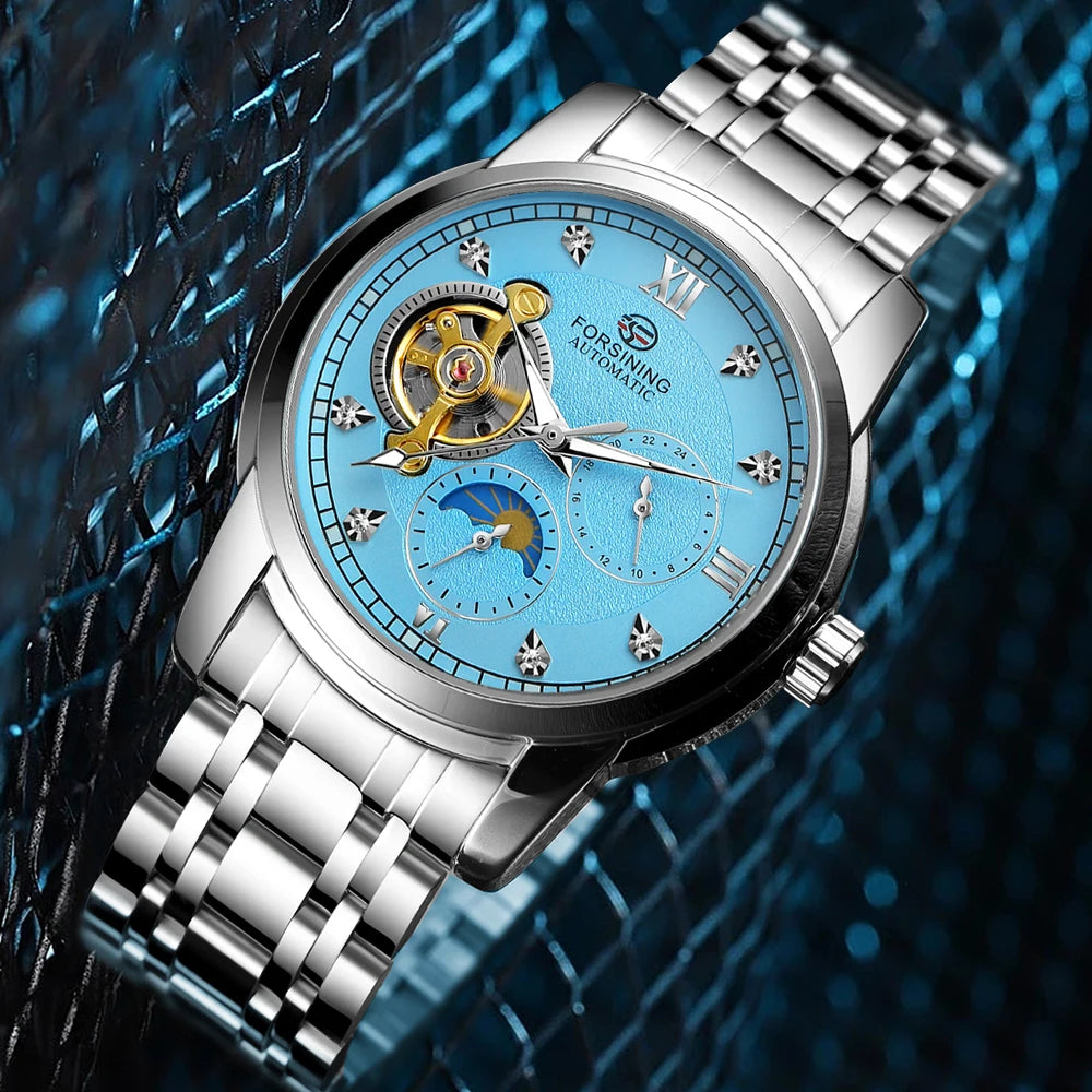 Relógio mecânico automático para homem Forsining – Estilo de luxo, empresarial e de moda, bracelete em metal, turbilhão, ponteiros luminescentes, adornado com diamantes artificiais