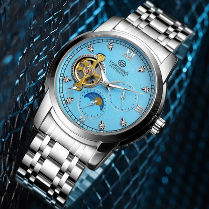 Relógio mecânico automático para homem Forsining – Estilo de luxo, empresarial e de moda, bracelete em metal, turbilhão, ponteiros luminescentes, adornado com diamantes artificiais