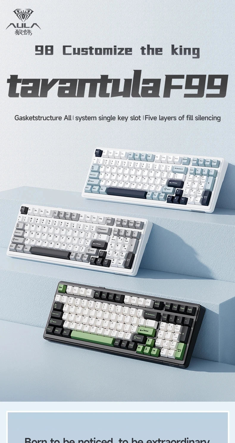Teclado mecánico gaming Aula F99 de 99 teclas, tres modos: 2.4g inalámbrico, Bluetooth y cableado, hot swap, PBT, gasket y RGB para juegos y escritura