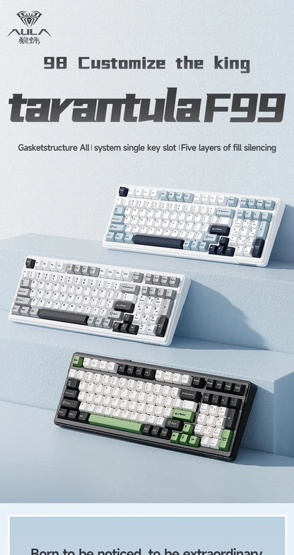 Teclado mecánico gaming Aula F99 de 99 teclas, tres modos: 2.4g inalámbrico, Bluetooth y cableado, hot swap, PBT, gasket y RGB para juegos y escritura