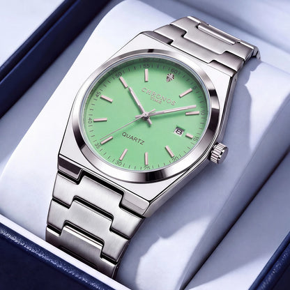 CHRONOS men’s quartz watch – Stainless steel bracelet, water-resistant, luminescent hands, date display – Ideal for work, sport or everyday wear