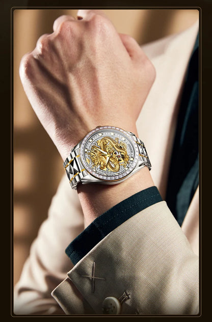 OUPINKE Orologio da uomo Top Brand di lusso in oro e acciaio al tungsteno, orologio da polso meccanico automatico originale con quadrante con motivo drago
