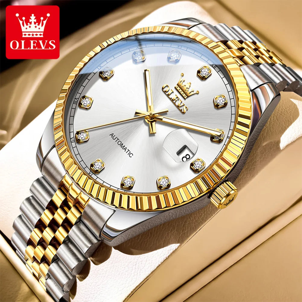 OLEVS New Automatic Watches Man Original Luxury Diamond Dial Stainless Steel Waterproof Auto Date Mechanical Watch for Men 6743