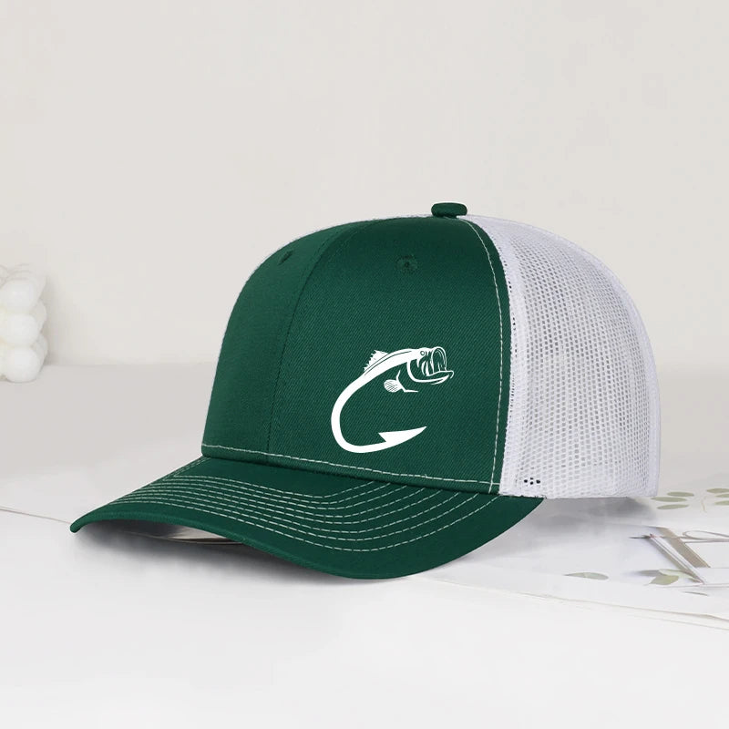 Trucker-kasket med bass-fiskekrog-print, justerbar, unisex, mesh, til fiskeentusiaster, solhat
