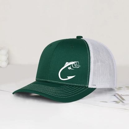 Trucker-kasket med bass-fiskekrog-print, justerbar, unisex, mesh, til fiskeentusiaster, solhat