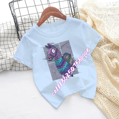 T-shirts de Criança Fortnite com Estampado de Figuras Cartoon do Jogo Fortress Night, Tops de Manga Curta para Verão, Roupa para Rapazes e Raparigas