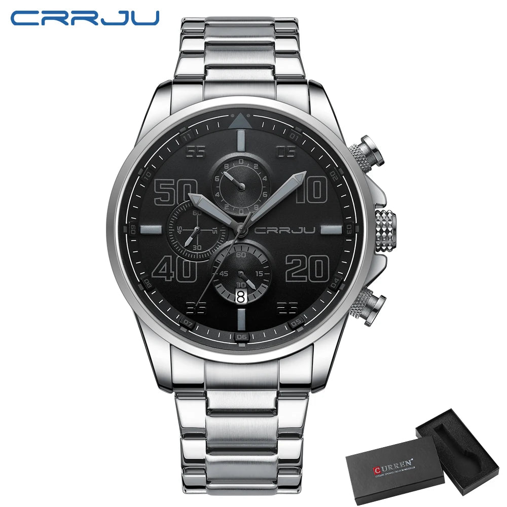 Relógio para homem CRRJU – Cronógrafo de luxo, mostrador grande, aço inoxidável, estanque, com indicação da data