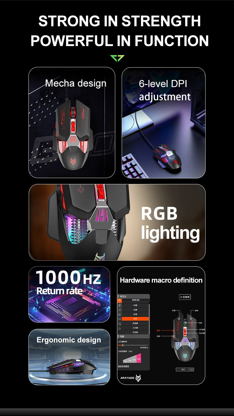 1K Hz Gaming Mouse Wired APAYADO T4 RGB Mouse with Ultra-light Cord 60IPS, 12800DPI for Laptop/Computer