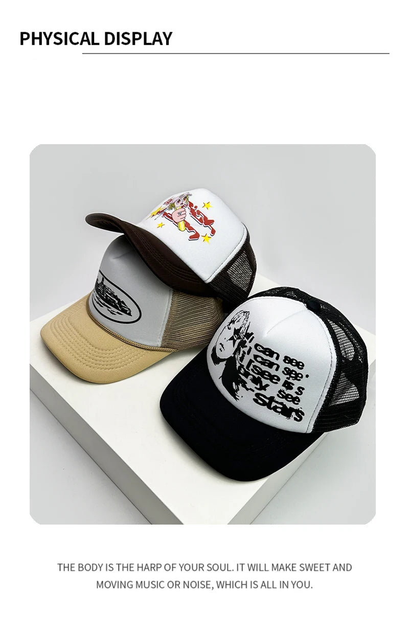 Trucker-Caps im amerikanischen Stil mit Cruise-Print, Anime-Motiven und neuem Schriftzug – atmungsaktive Baseballmützen mit Netzfutter für Herren und Damen, vielseitig kombinierbar